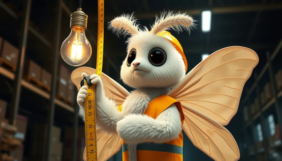The seal moth with hard-hat and safety vest, tape measure raised toward the lamp